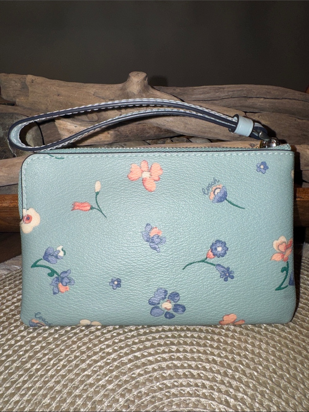 COACH Mint Floral Leather Wristlet with Charm - Picture 2 of 7